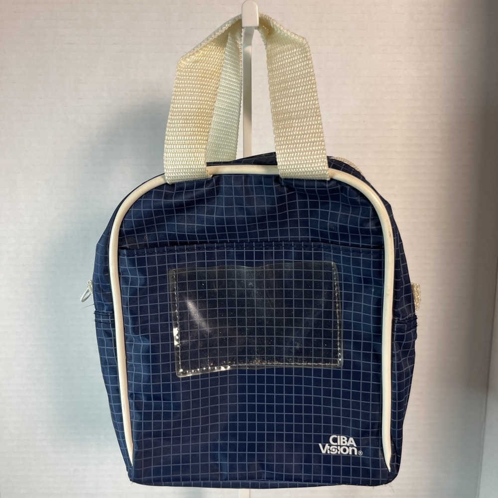 Ciba Vision Vintage Tote Bag Toiletry Travel Pouch Blue White Windowpane Retro
